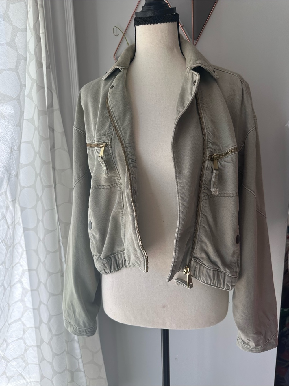 PILCRO ANTHROPOLOGIE Tidal Moto Utility Jacket Cropped Sage Green Tan Sz Medium - Picture 8 of 16